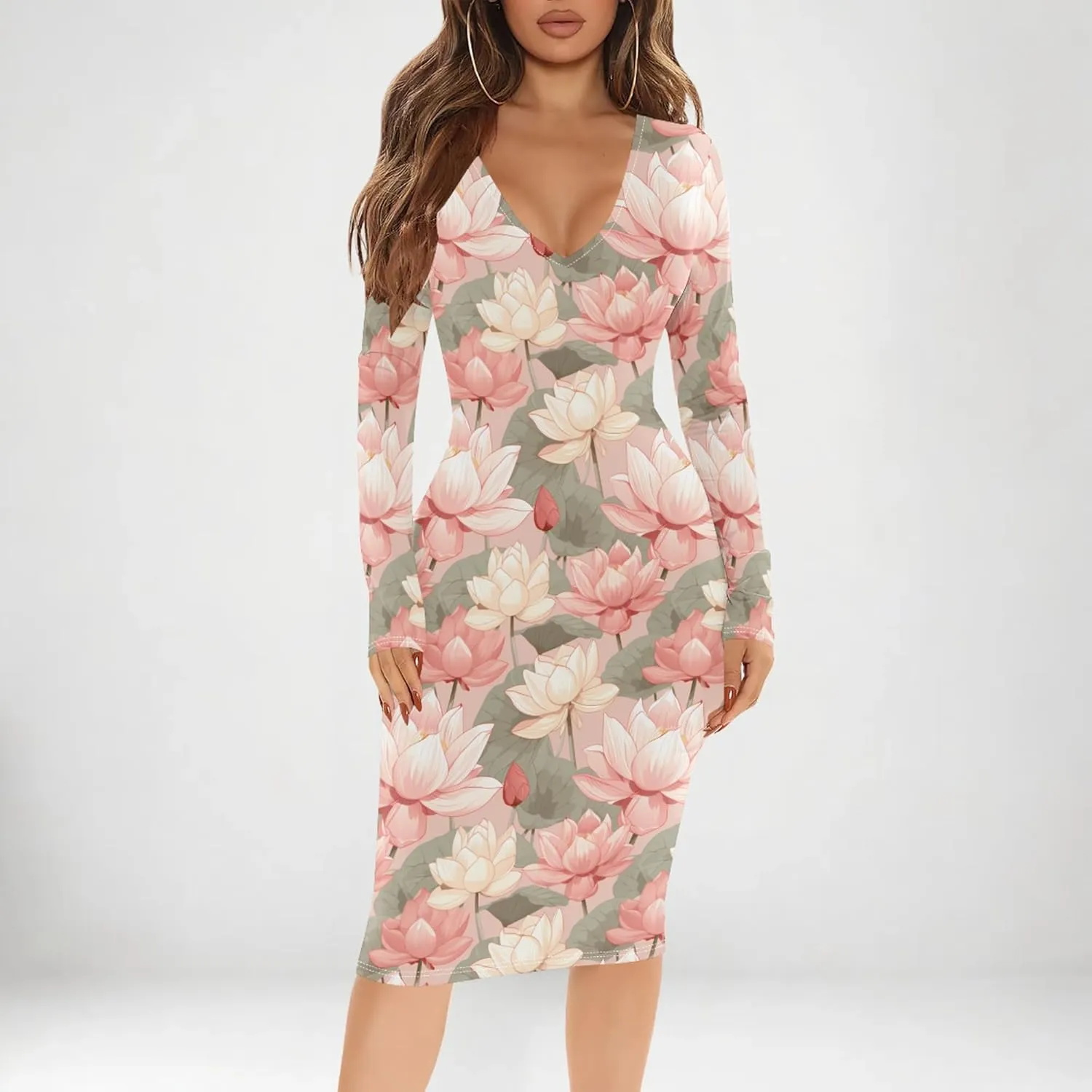 Women's Casual Dress Sexy Long Sleeve Deep V Neck Bodycon Midi Dress Cocktail Party Pencil Dresses