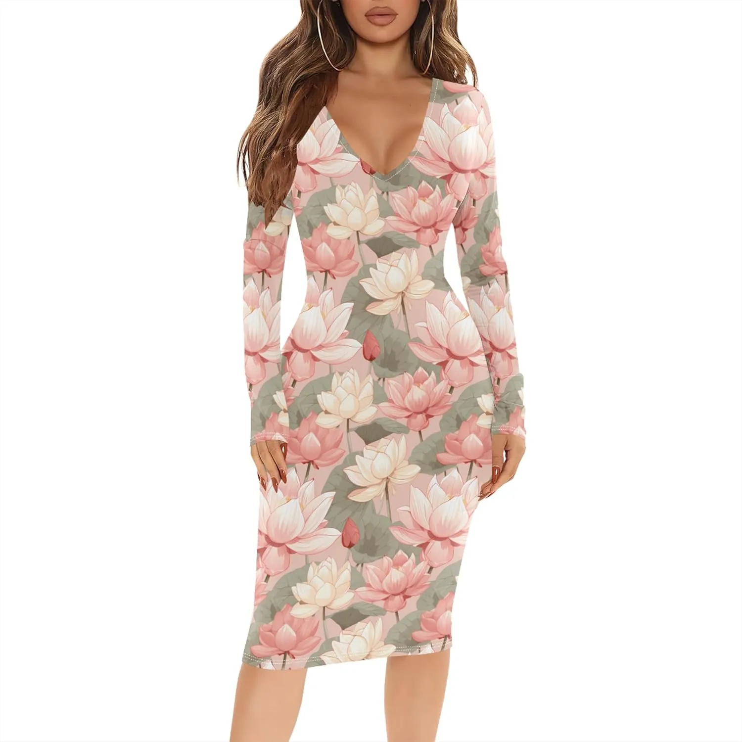 Women's Casual Dress Sexy Long Sleeve Deep V Neck Bodycon Midi Dress Cocktail Party Pencil Dresses
