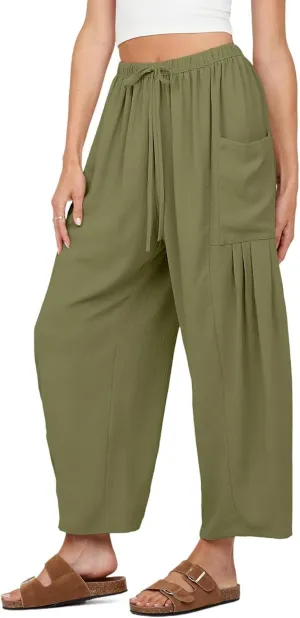 Womens Casual Harem Pants Summer Elastic Waist Wide Leg Trousers Baggy Pockets Crop Leggings