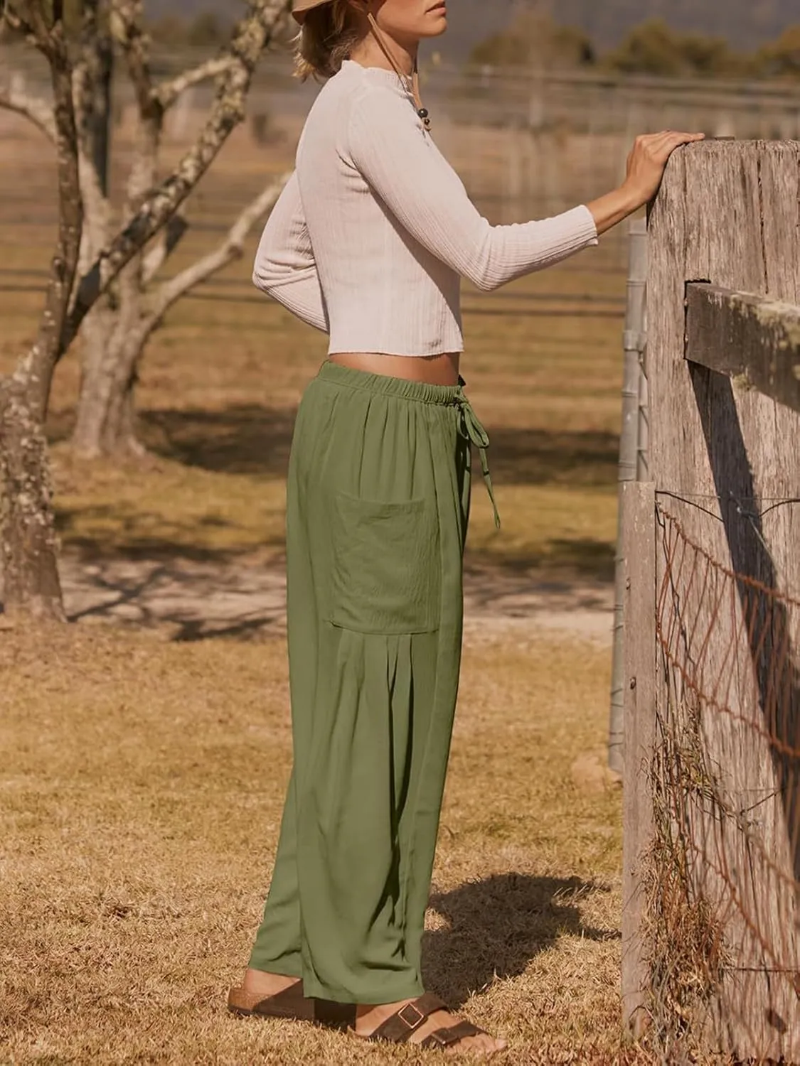 Womens Casual Harem Pants Summer Elastic Waist Wide Leg Trousers Baggy Pockets Crop Leggings