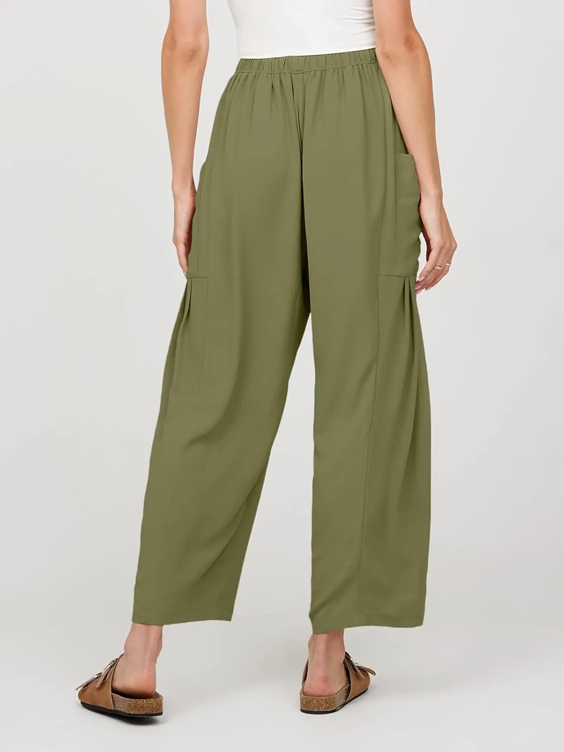 Womens Casual Harem Pants Summer Elastic Waist Wide Leg Trousers Baggy Pockets Crop Leggings