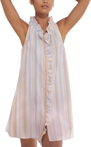 Women's Casual Mini Dress Frills Ruffles A-Line Skirts Striped Print V Neck Sleeveless Dresses Pockets