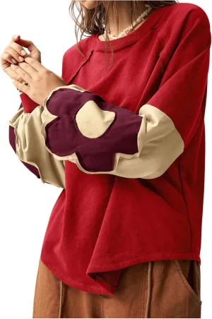 Women's Color Block Crew Neck Sweatshirt Floral Decor Long Sleeve Pullover Tops Boho Shirt
