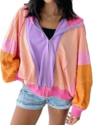 Womens Color Block Zip Up Hoodie Cotton Long Sleeve Oversized Sweatshirts with Pockets