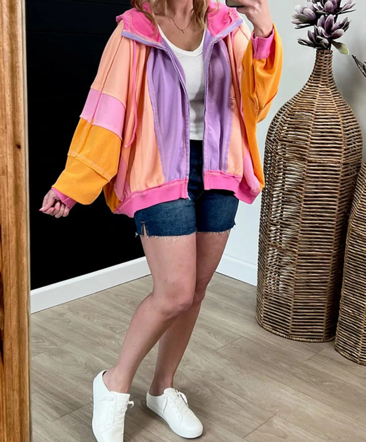 Womens Color Block Zip Up Hoodie Cotton Long Sleeve Oversized Sweatshirts with Pockets