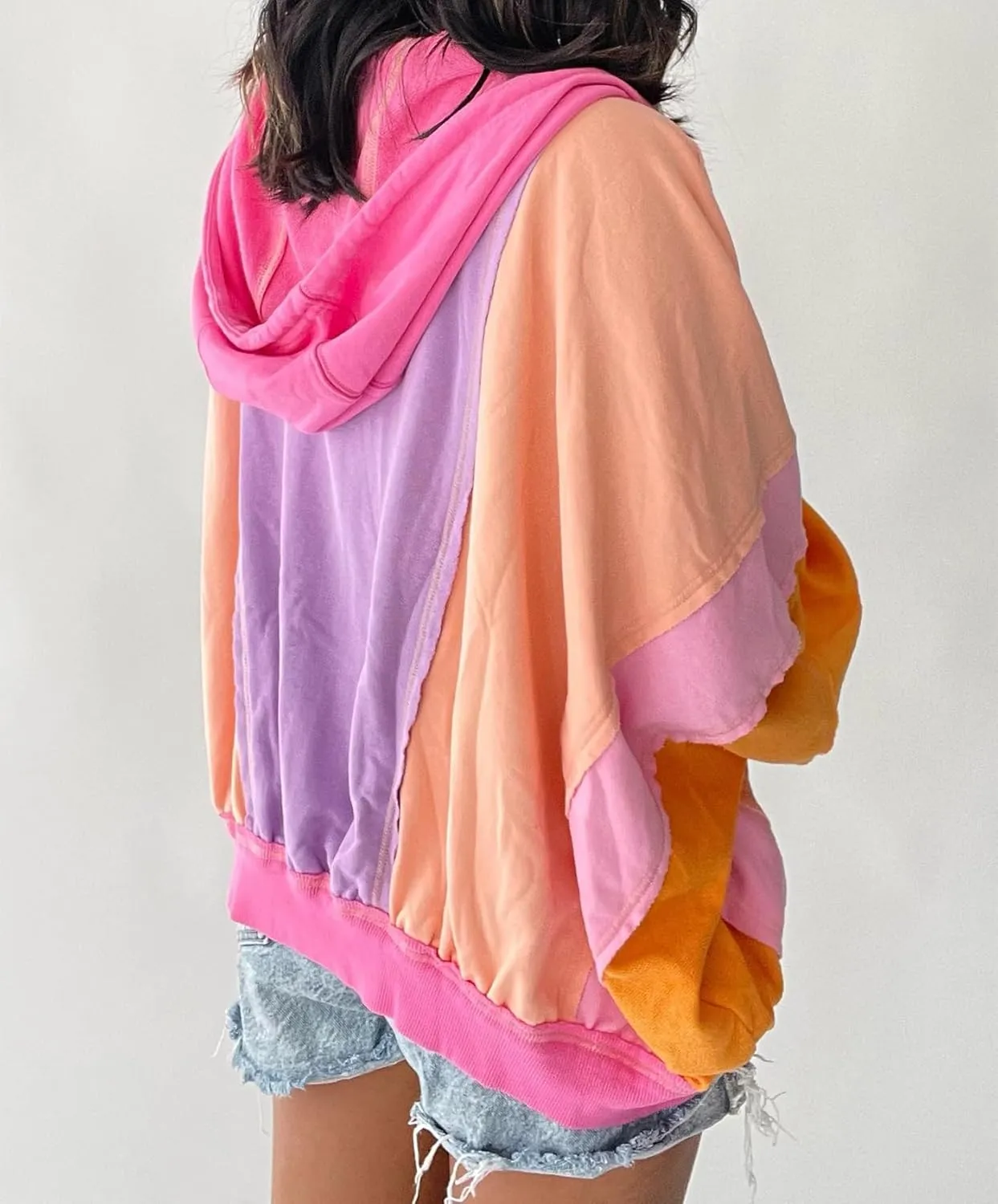 Womens Color Block Zip Up Hoodie Cotton Long Sleeve Oversized Sweatshirts with Pockets