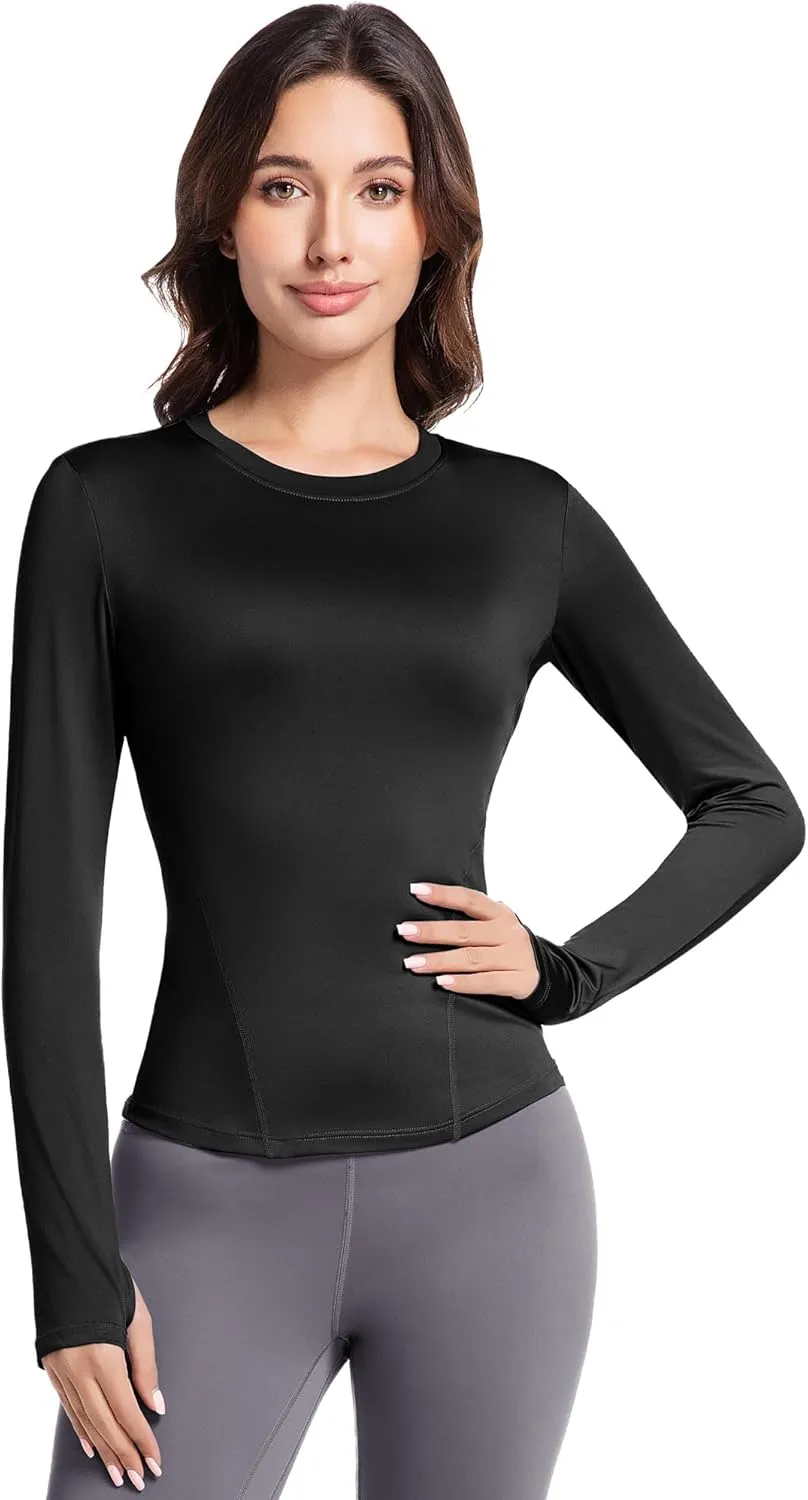 Women's Compression Shirt Long Sleeve Athletic Workout Tops Sun Protection Undershirt for Gym Yoga Running