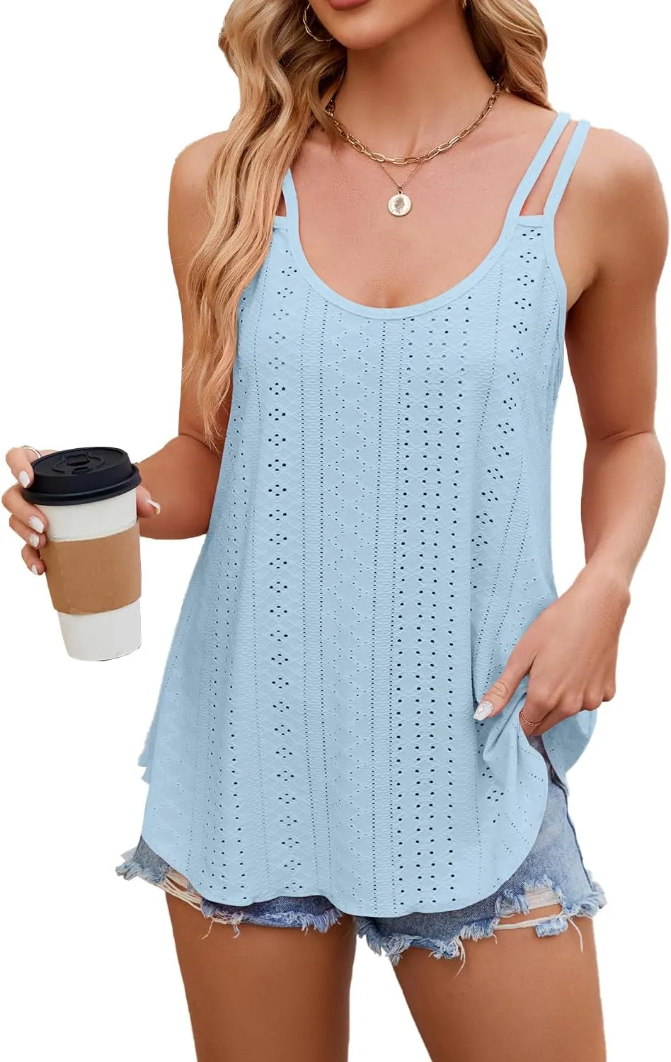Women's Cute Tank Tops Eyelet Sleeveless Spaghetti Strap Scoop Neck Loose Casual Flowy Shirts