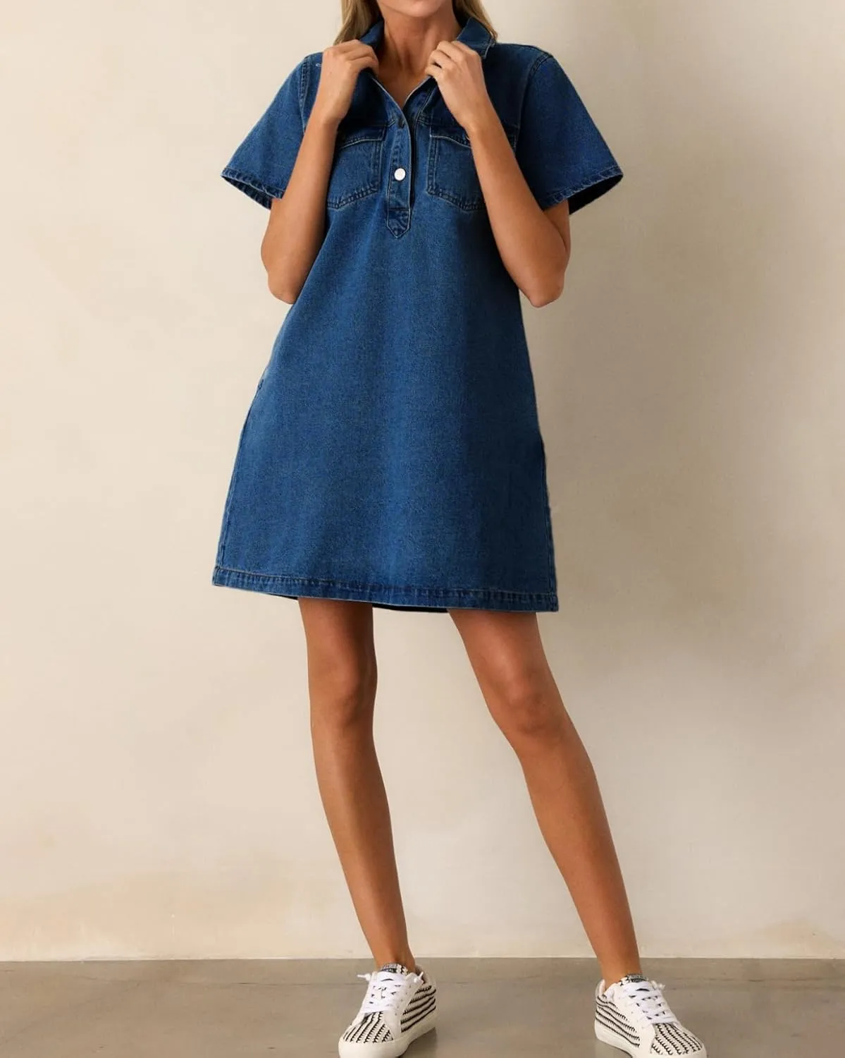 Womens Denim Shirt Dress Summer Collared V Neck Mini Casual Jean Dresses with Pockets