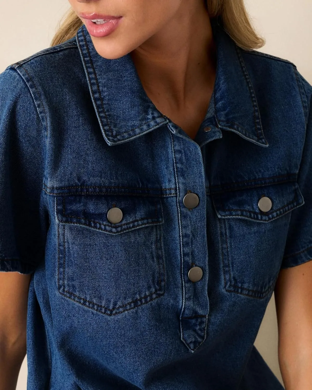 Womens Denim Shirt Dress Summer Collared V Neck Mini Casual Jean Dresses with Pockets