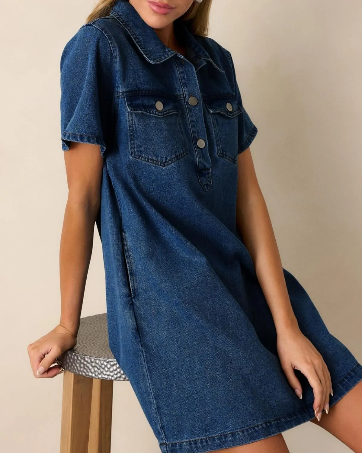 Womens Denim Shirt Dress Summer Collared V Neck Mini Casual Jean Dresses with Pockets