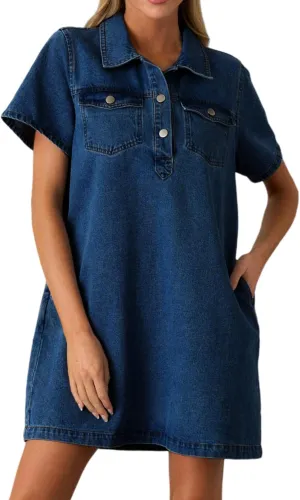 Womens Denim Shirt Dress Summer Collared V Neck Mini Casual Jean Dresses with Pockets