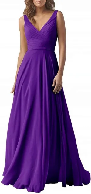 Women's Double V Neck Bridesmaid Dress Open Back Evening Prom Gown Long Chiffon Formal Dress Purple Custom Size
