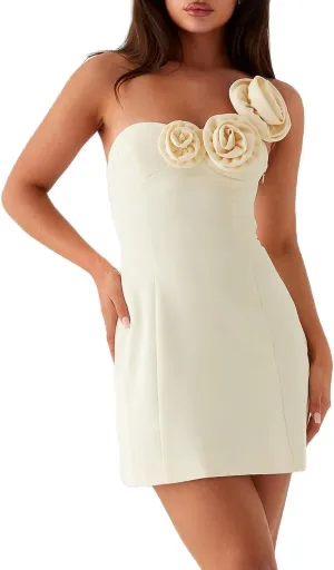 Women's Elegant 3D Floral Mini Dress Sexy One Off The Shoulder Bodycon Party Cocktail Short Dresses