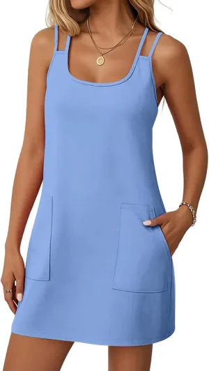 Womens Fashion Casual Solid Color Dress Double Halter Spaghetti Straps with Pockets Ladies 2025 Summer Sundresses