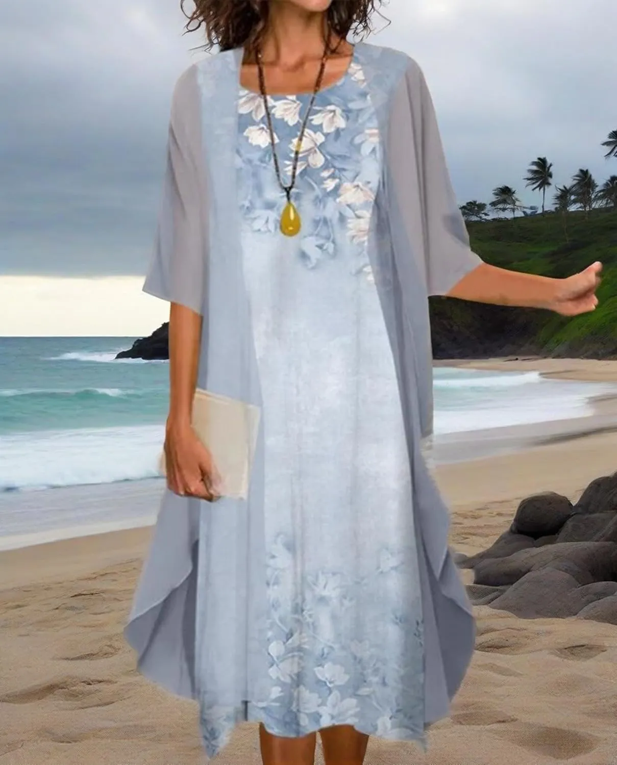 Womens Floral Print Midi Dress with Chiffon Cardigan Plus Size Sleeveless Two Piece Set for Wedding Guest Attire