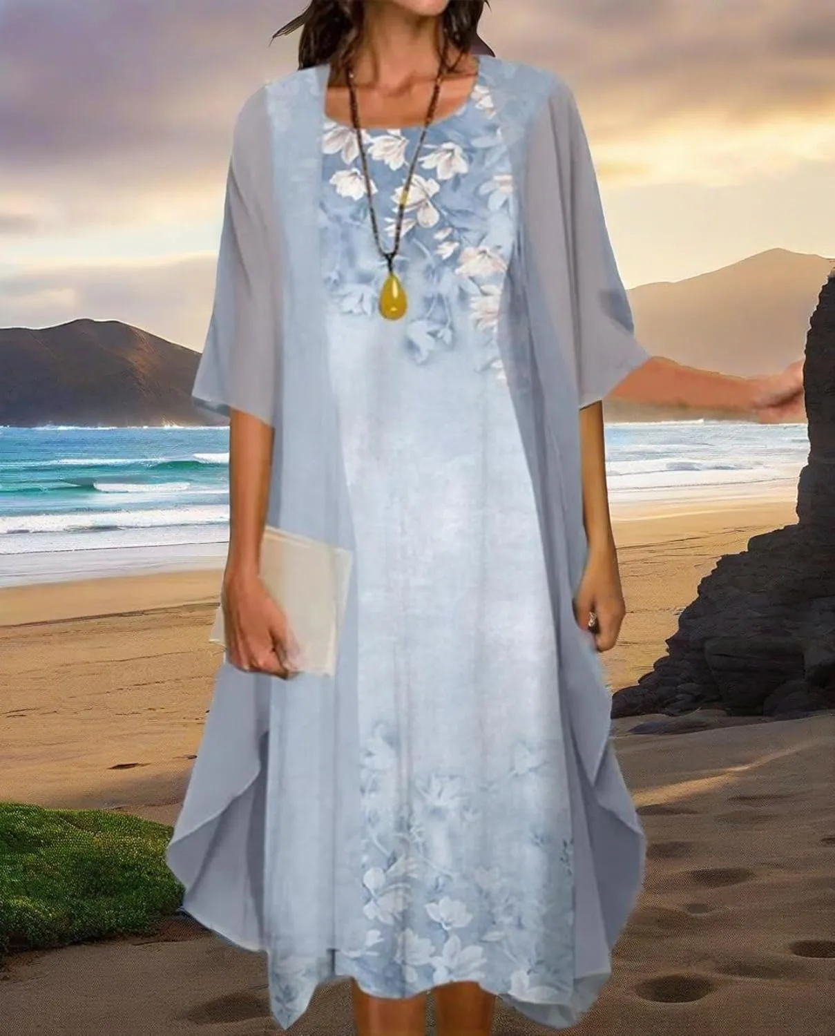 Womens Floral Print Midi Dress with Chiffon Cardigan Plus Size Sleeveless Two Piece Set for Wedding Guest Attire