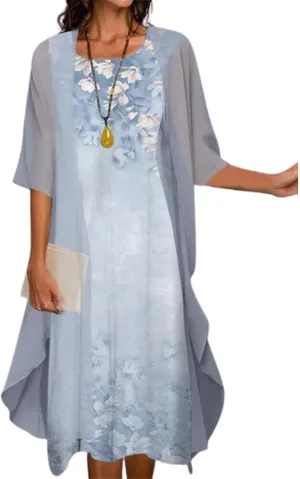 Womens Floral Print Midi Dress with Chiffon Cardigan Plus Size Sleeveless Two Piece Set for Wedding Guest Attire