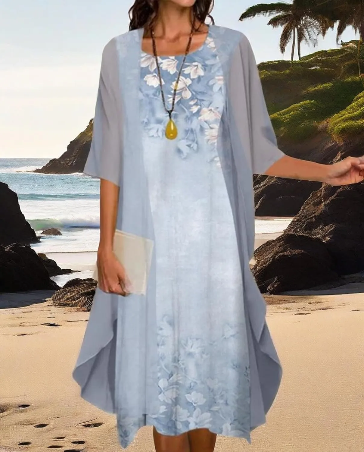 Womens Floral Print Midi Dress with Chiffon Cardigan Plus Size Sleeveless Two Piece Set for Wedding Guest Attire