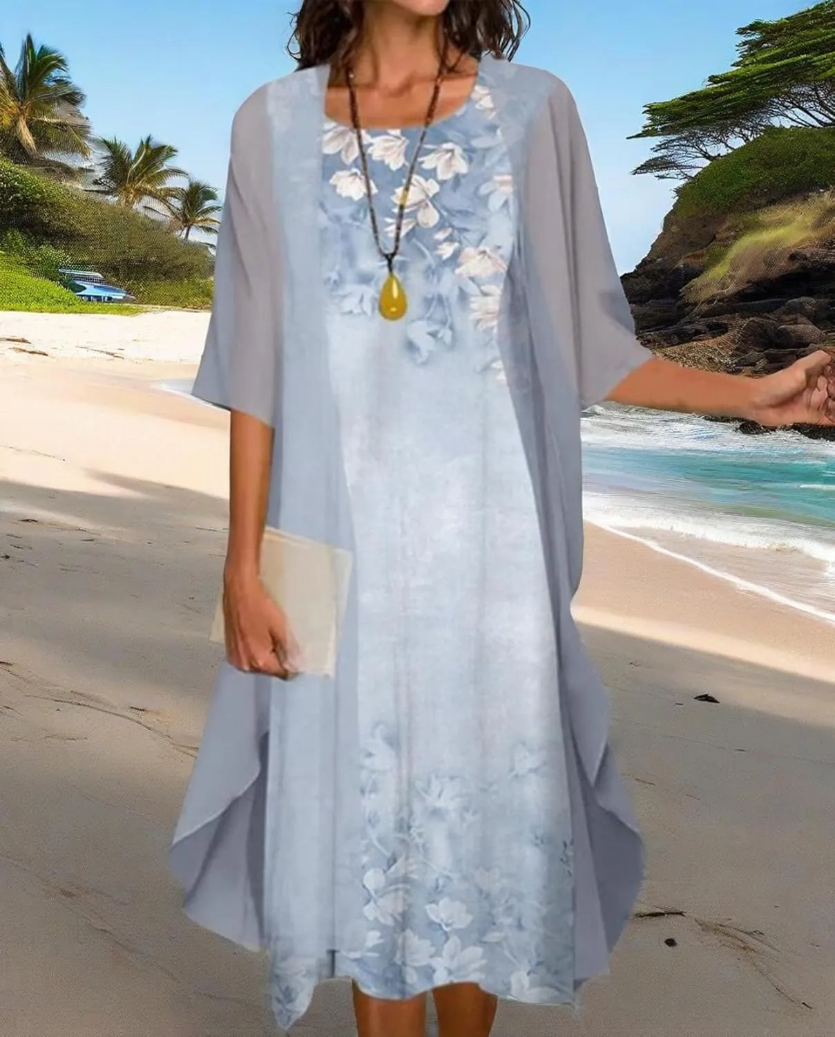 Womens Floral Print Midi Dress with Chiffon Cardigan Plus Size Sleeveless Two Piece Set for Wedding Guest Attire