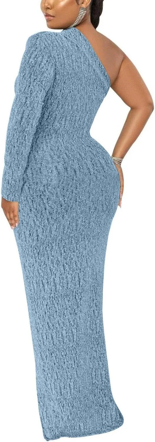 Women's Formal Evening Gowns Elegant Sparkly One Shoulder Maxi Dresses Sexy Long Sleeve High Split Party Long Dress