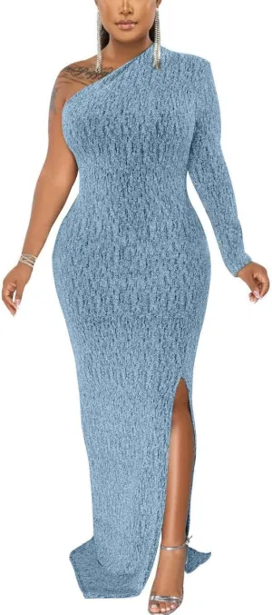 Women's Formal Evening Gowns Elegant Sparkly One Shoulder Maxi Dresses Sexy Long Sleeve High Split Party Long Dress