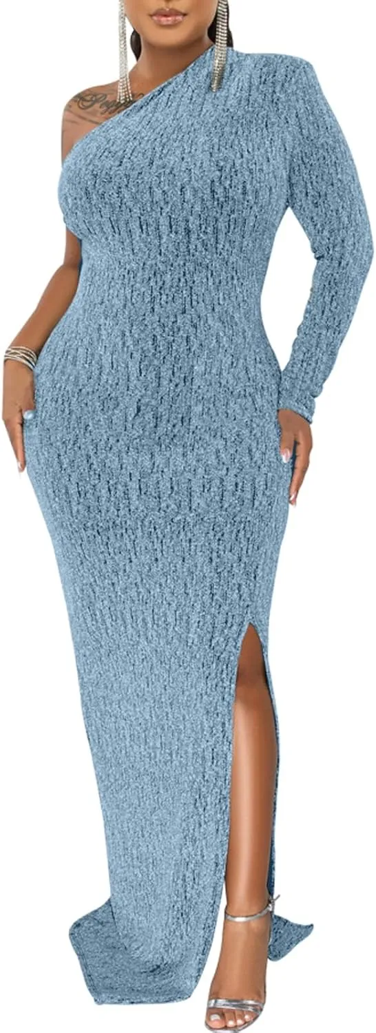 Women's Formal Evening Gowns Elegant Sparkly One Shoulder Maxi Dresses Sexy Long Sleeve High Split Party Long Dress