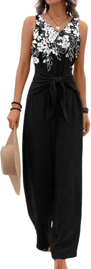 Women's Jumpsuits 2025 Spring Summer Outfits Sleeveless Floral Print Wide Leg Long Pants Rompers Fashion Clothes