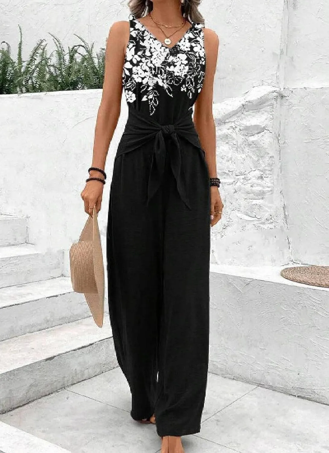 Women's Jumpsuits 2025 Spring Summer Outfits Sleeveless Floral Print Wide Leg Long Pants Rompers Fashion Clothes