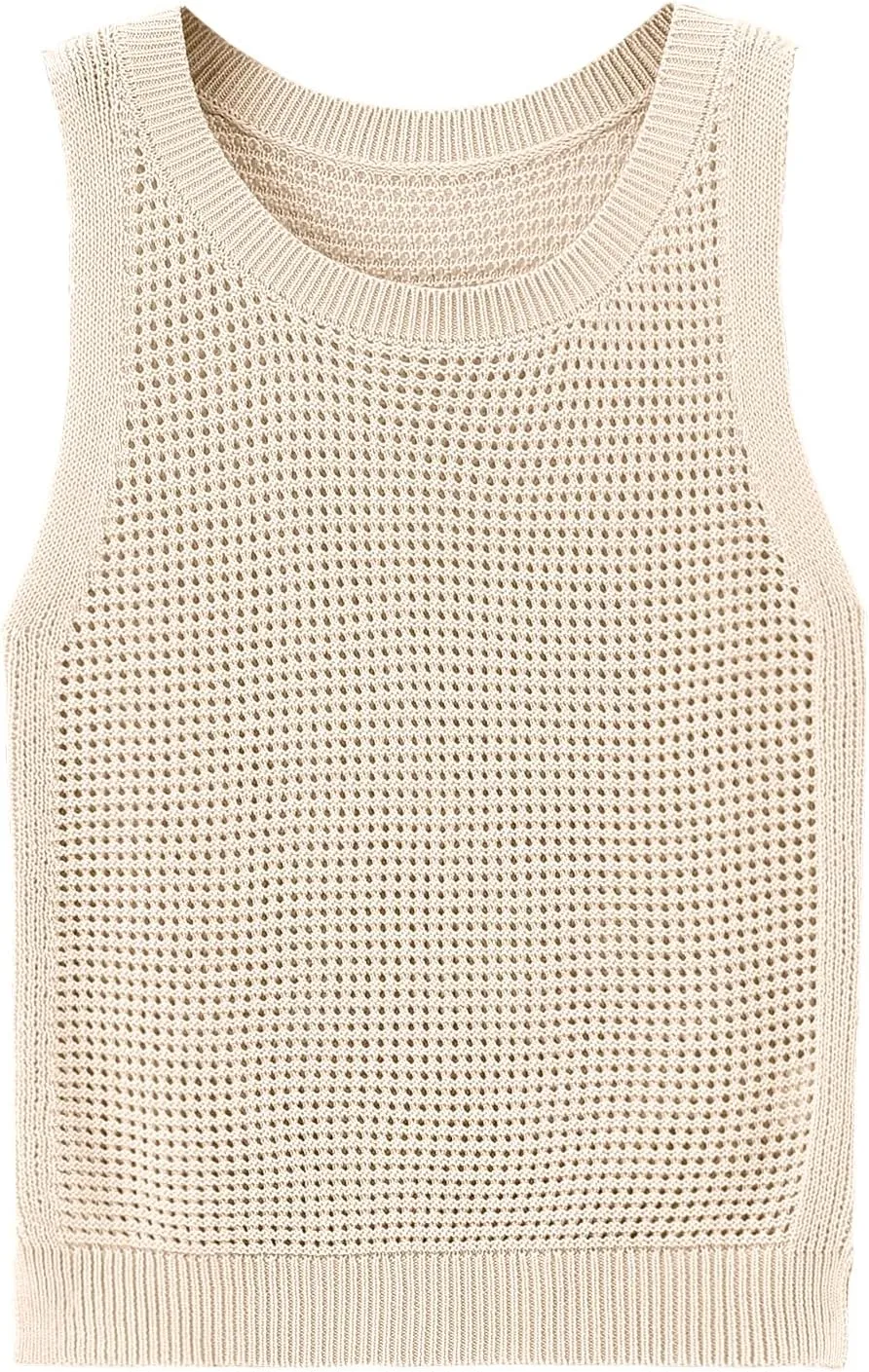 Womens Knit Sweater Vest Summer Tank Tops Round Neck Crochet Hollow Out Sleeveless Crop Top