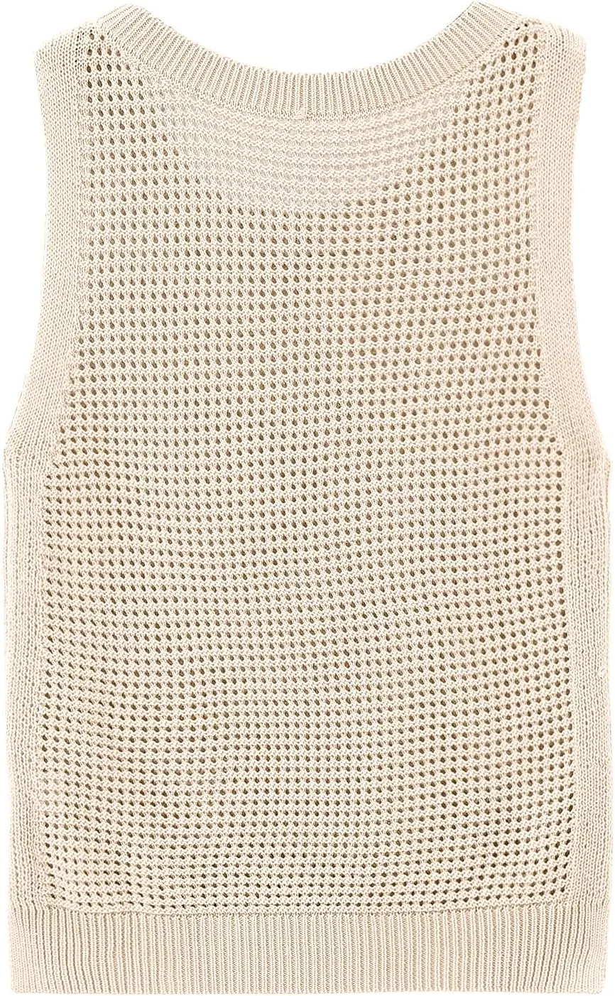 Womens Knit Sweater Vest Summer Tank Tops Round Neck Crochet Hollow Out Sleeveless Crop Top