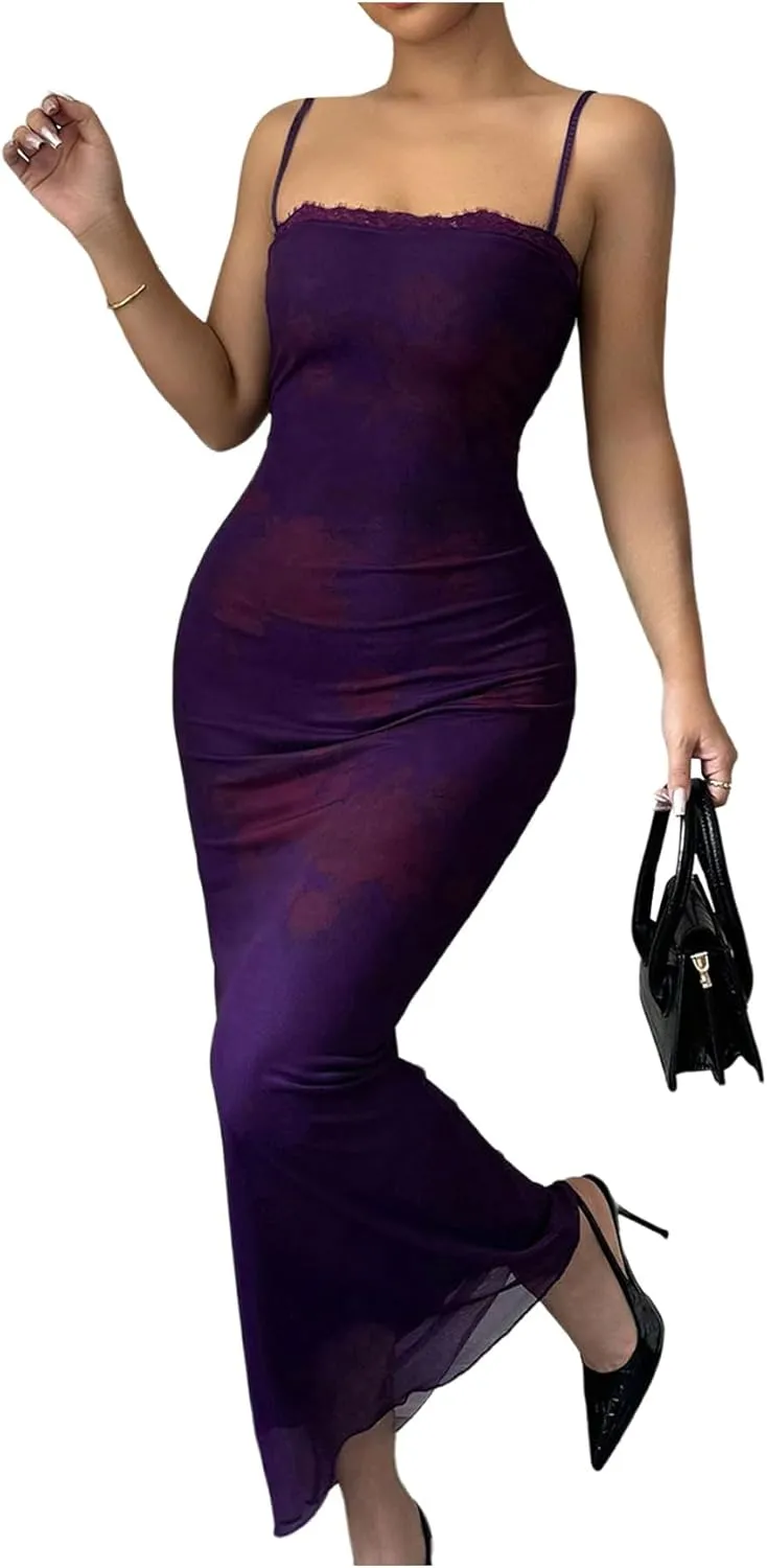Women's Lace Trim Cami Dress Mesh Square Neck Maxi Dress Party Bodycon Dresses