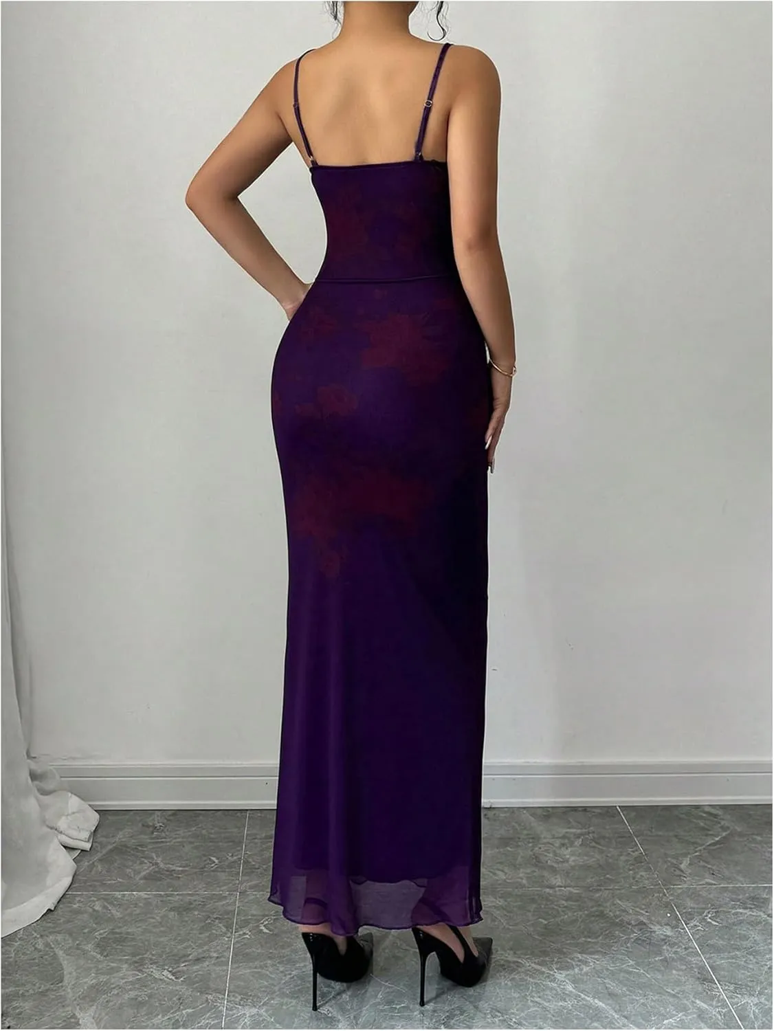 Women's Lace Trim Cami Dress Mesh Square Neck Maxi Dress Party Bodycon Dresses