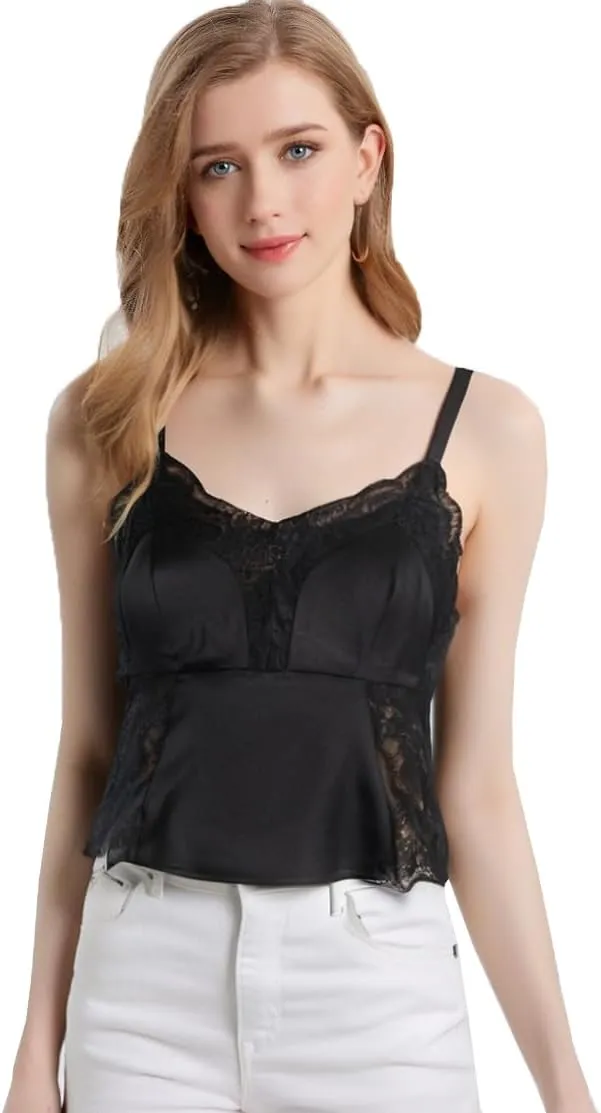 Women's Mulberry Silk Camisole with Built-in Bra, 19 Momme Silk Breathable Bras Tank Top Satin Cami Vest