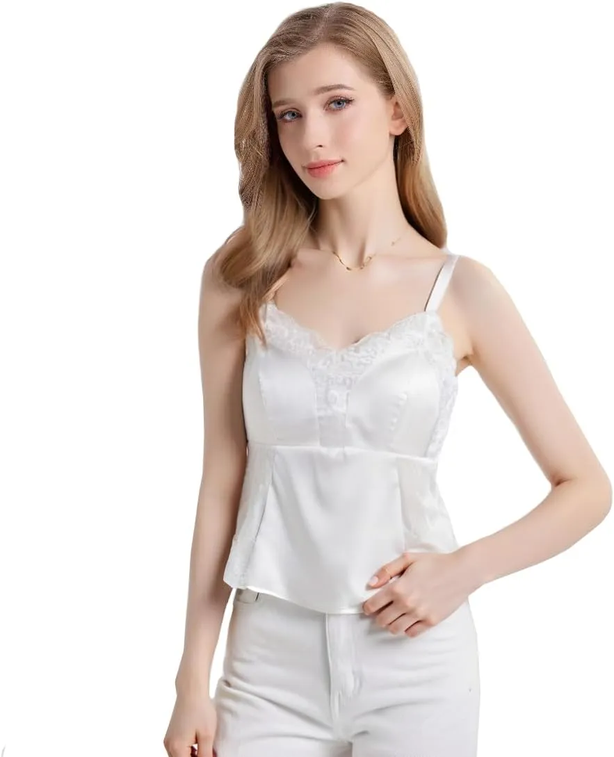 Women's Mulberry Silk Camisole with Built-in Bra, 19 Momme Silk Breathable Bras Tank Top Satin Cami Vest