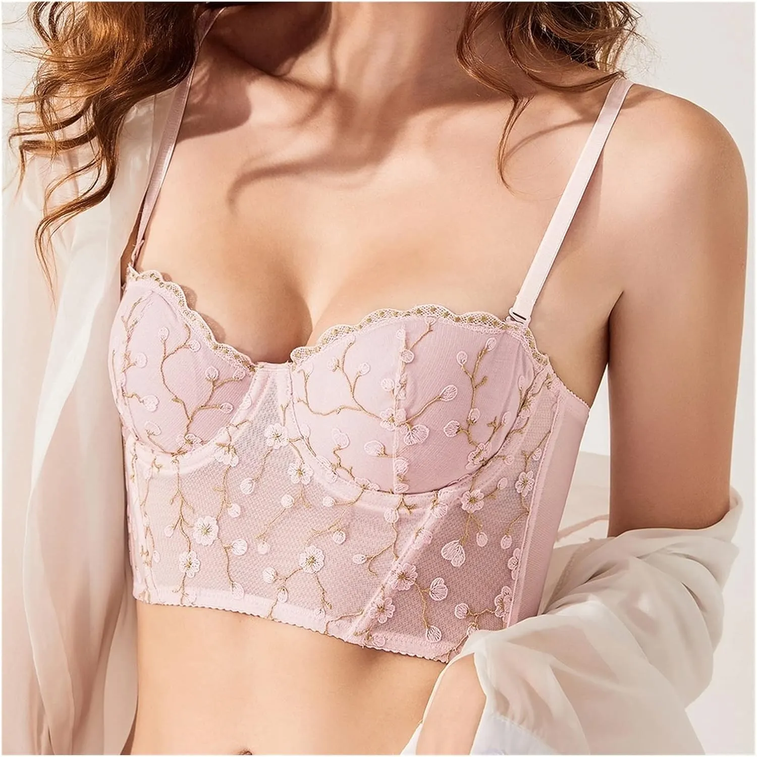 Womens Padded Camisole Bralette Embroidery Lace Cute Bras T Shirt Bra Summer Tank Crop Tops for Girls (Color : Pink, Size : XL/X-Large)