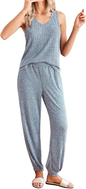 Women's Pajamas Sleeveless Summer Lounge Set Ribbed Knit V-Neck Long Pants Loungewear Soft Tank Nightwear S-XXL