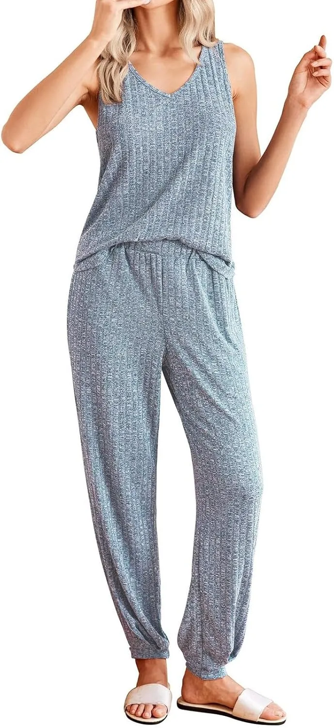 Women's Pajamas Sleeveless Summer Lounge Set Ribbed Knit V-Neck Long Pants Loungewear Soft Tank Nightwear S-XXL