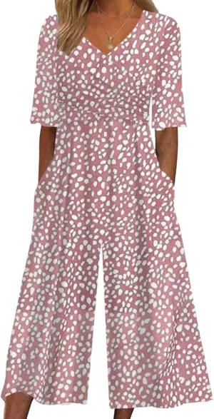 Women's Pink Polka Dots Jumpsuits 2025 Spring Outfits Half Sleeve V Neck and Wide Leg Pants Romper with Side Pockets