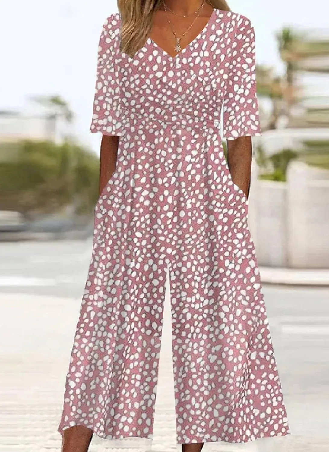 Women's Pink Polka Dots Jumpsuits 2025 Spring Outfits Half Sleeve V Neck and Wide Leg Pants Romper with Side Pockets
