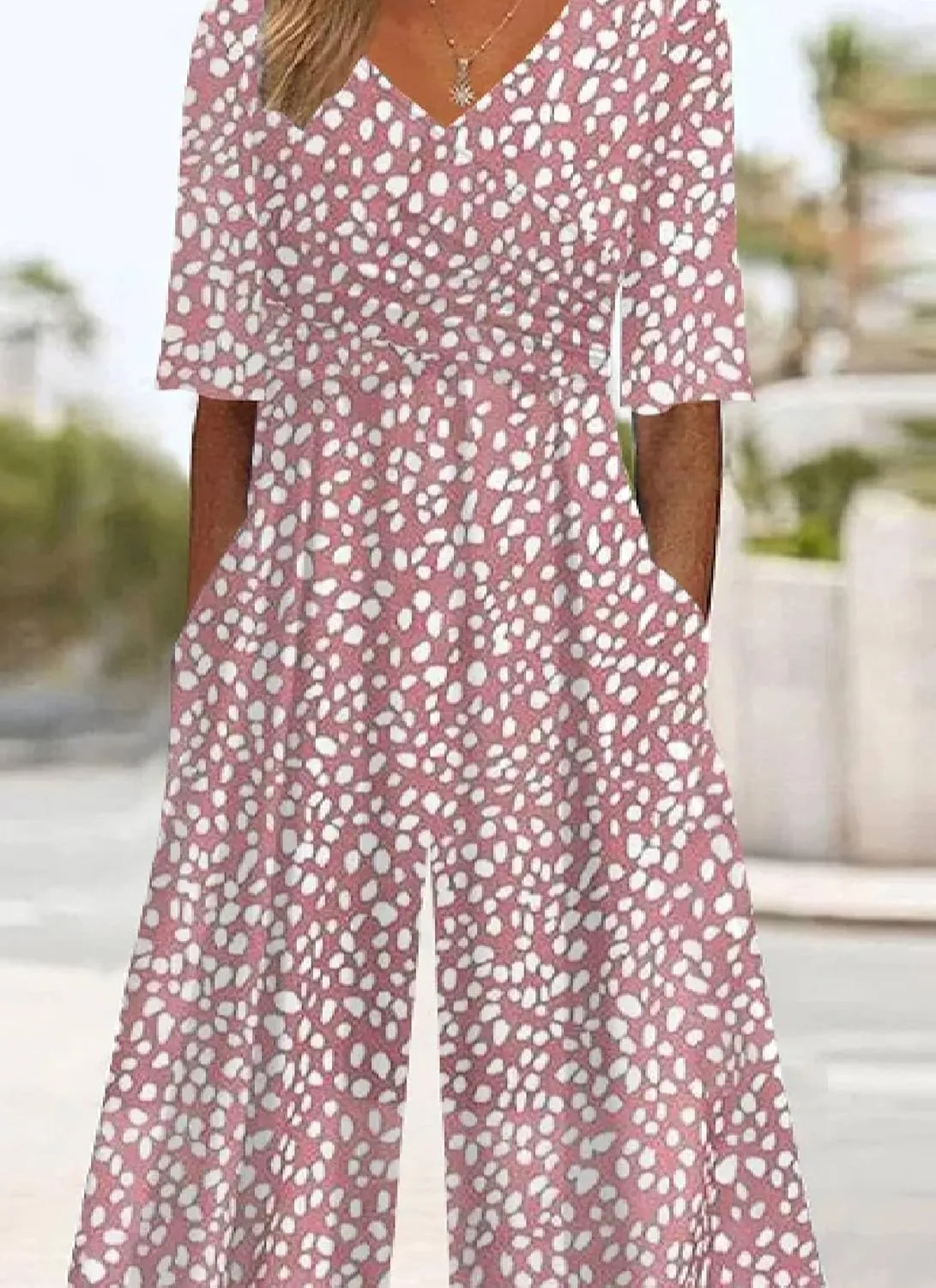 Women's Pink Polka Dots Jumpsuits 2025 Spring Outfits Half Sleeve V Neck and Wide Leg Pants Romper with Side Pockets
