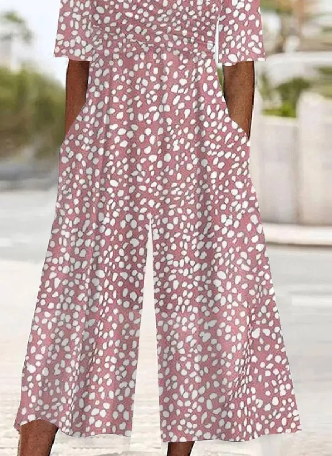 Women's Pink Polka Dots Jumpsuits 2025 Spring Outfits Half Sleeve V Neck and Wide Leg Pants Romper with Side Pockets