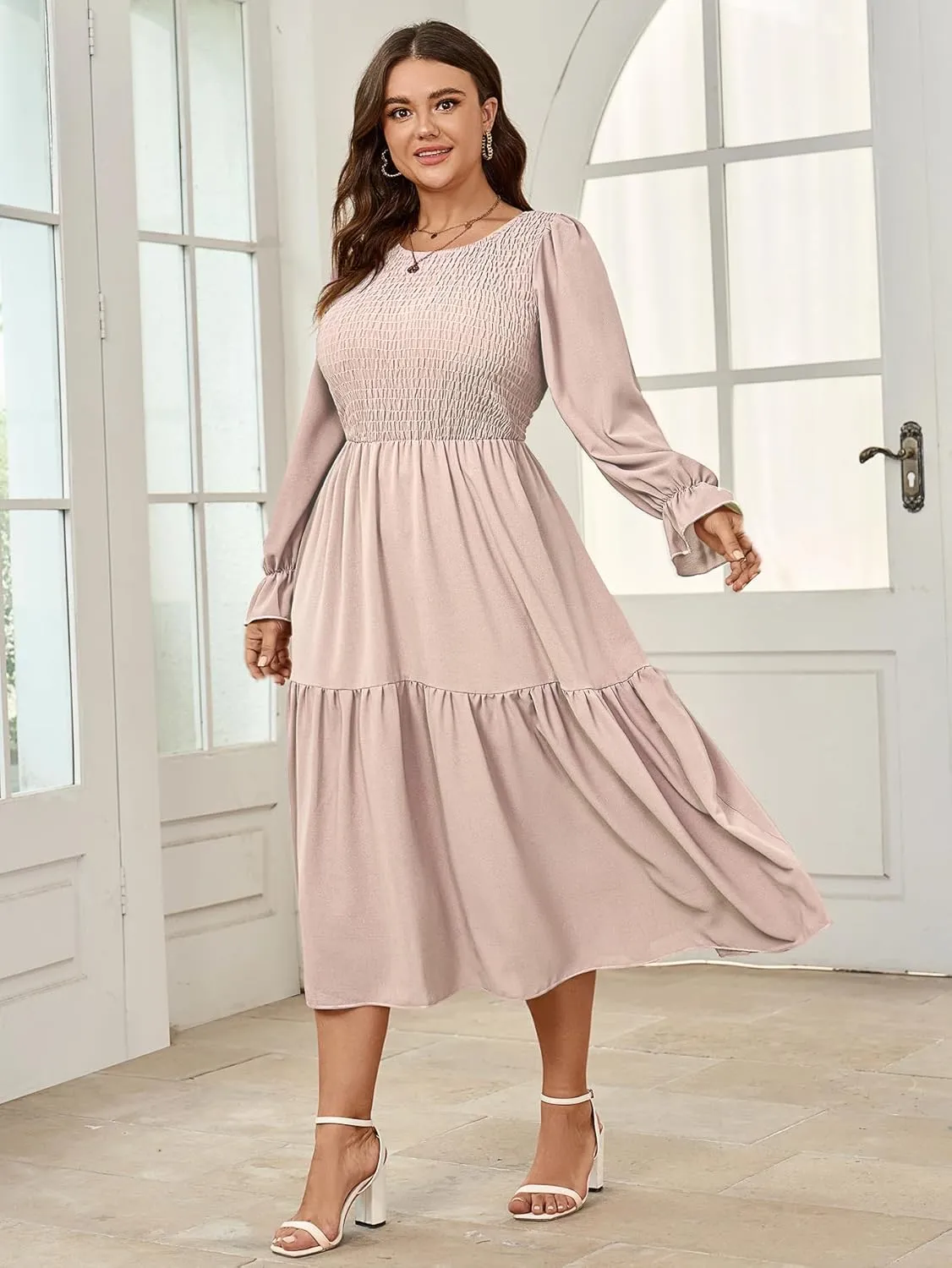 Women's Plus Size Dress Long Sleeve Crewneck Smocked Tiered Flowy Boho Wedding Party Maxi Dresses