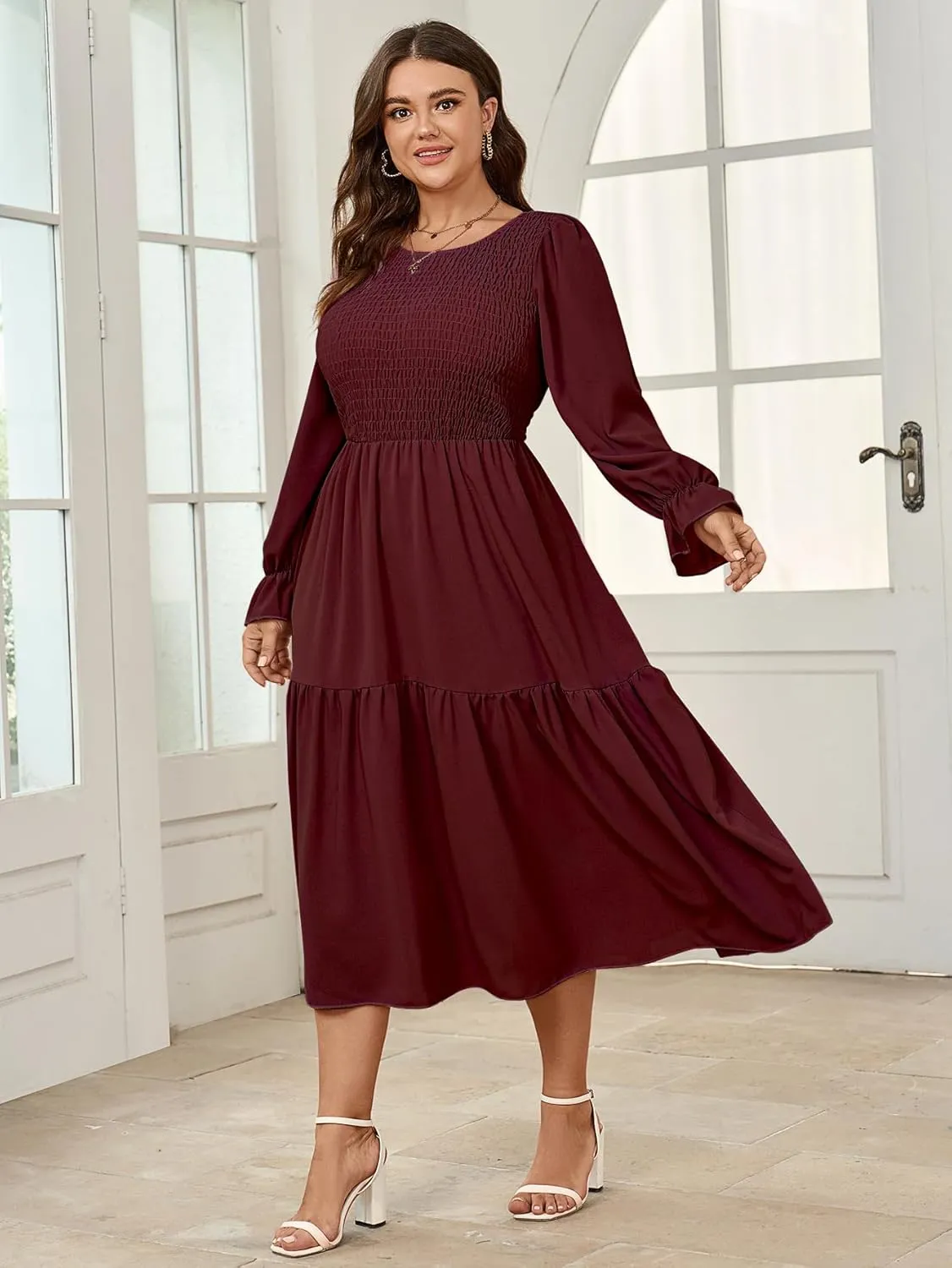 Women's Plus Size Dress Long Sleeve Crewneck Smocked Tiered Flowy Boho Wedding Party Maxi Dresses