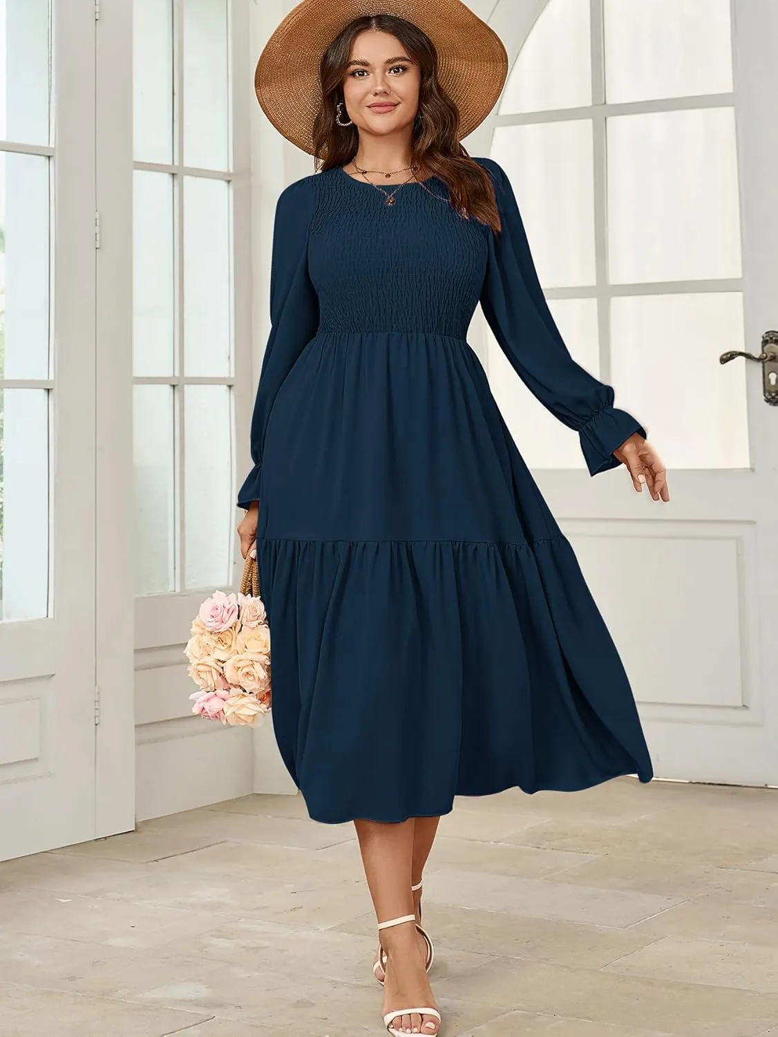 Women's Plus Size Dress Long Sleeve Crewneck Smocked Tiered Flowy Boho Wedding Party Maxi Dresses