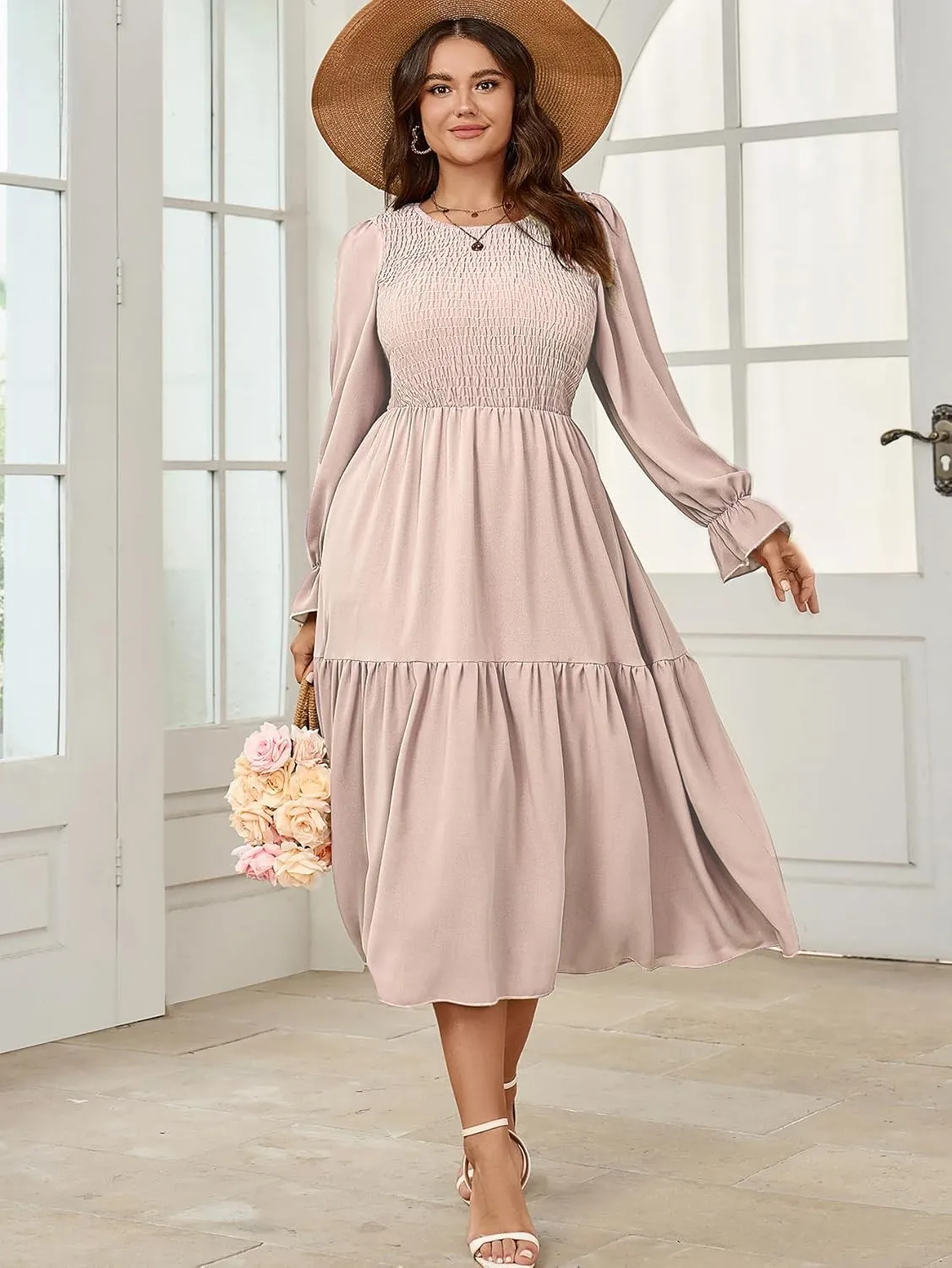 Women's Plus Size Dress Long Sleeve Crewneck Smocked Tiered Flowy Boho Wedding Party Maxi Dresses