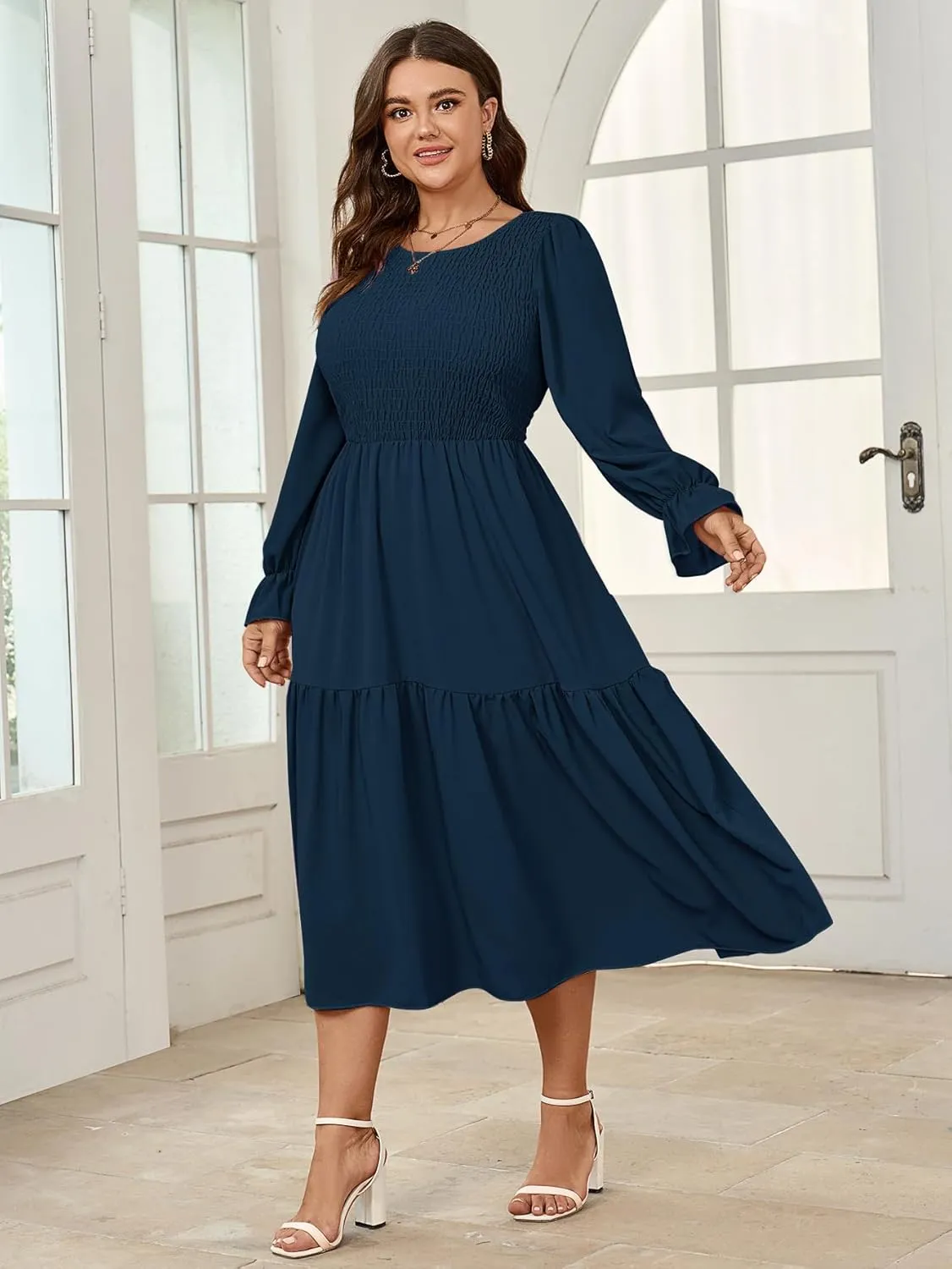 Women's Plus Size Dress Long Sleeve Crewneck Smocked Tiered Flowy Boho Wedding Party Maxi Dresses