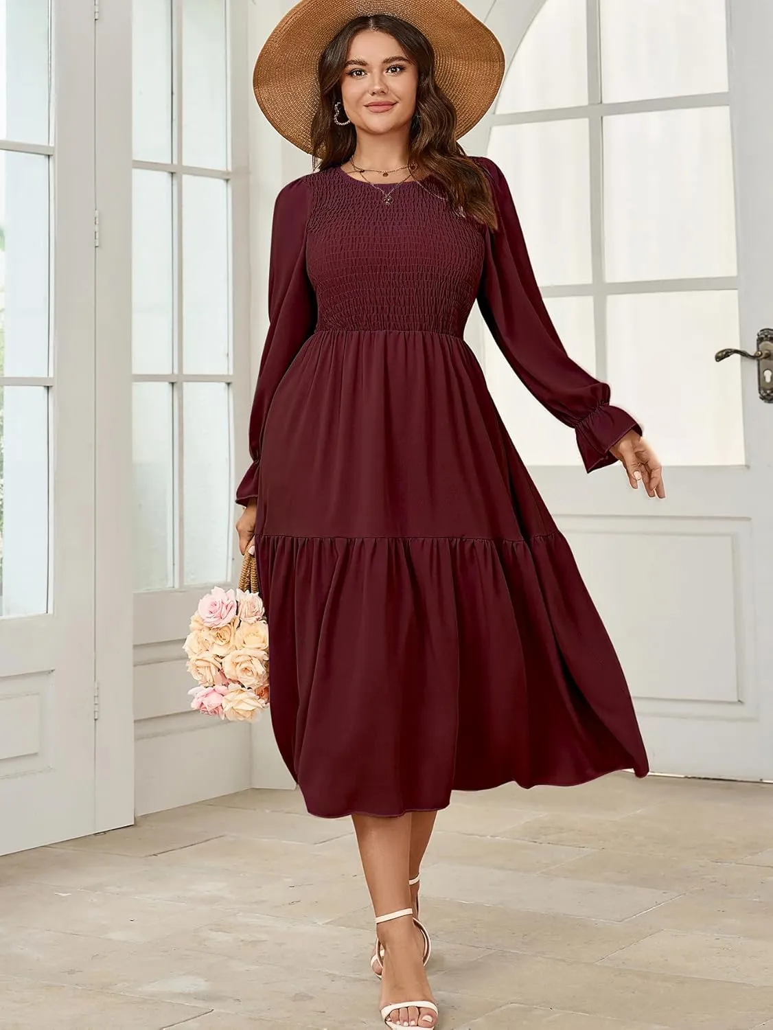 Women's Plus Size Dress Long Sleeve Crewneck Smocked Tiered Flowy Boho Wedding Party Maxi Dresses