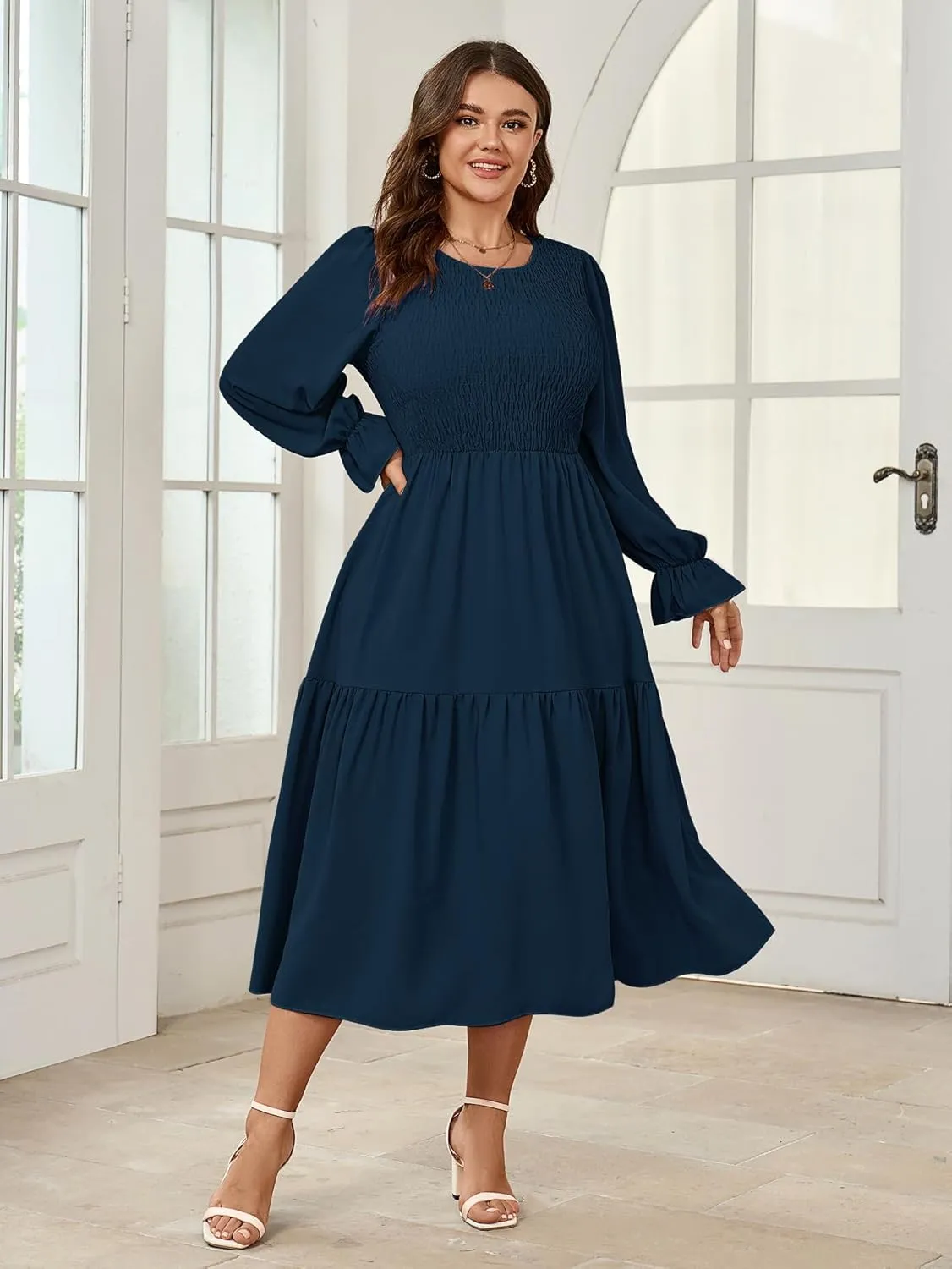 Women's Plus Size Dress Long Sleeve Crewneck Smocked Tiered Flowy Boho Wedding Party Maxi Dresses
