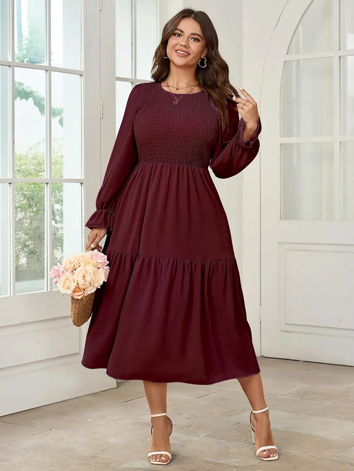 Women's Plus Size Dress Long Sleeve Crewneck Smocked Tiered Flowy Boho Wedding Party Maxi Dresses